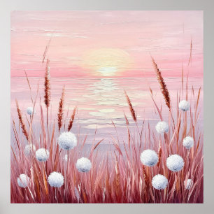 Sonnenuntergang über einem Feld aus Löwenzahn Poster