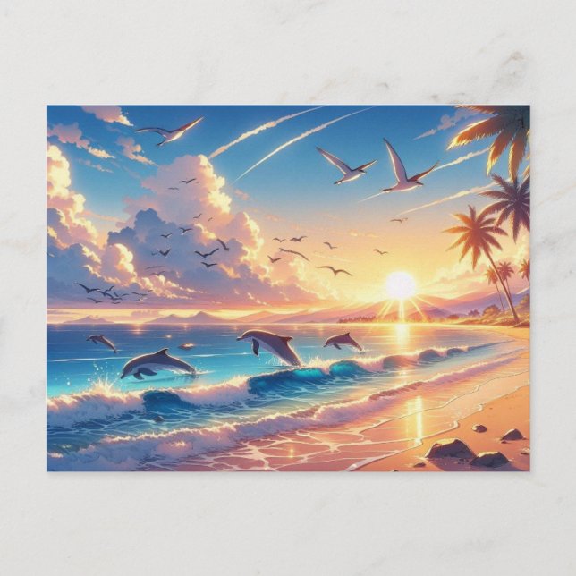 Sonnenuntergang über einem tropischen Strand mit D Postkarte (Vorderseite)