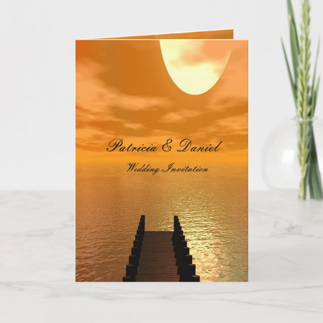 Sonnenuntergang über einer Dock-Hochzeit Einladung (Vorderseite)