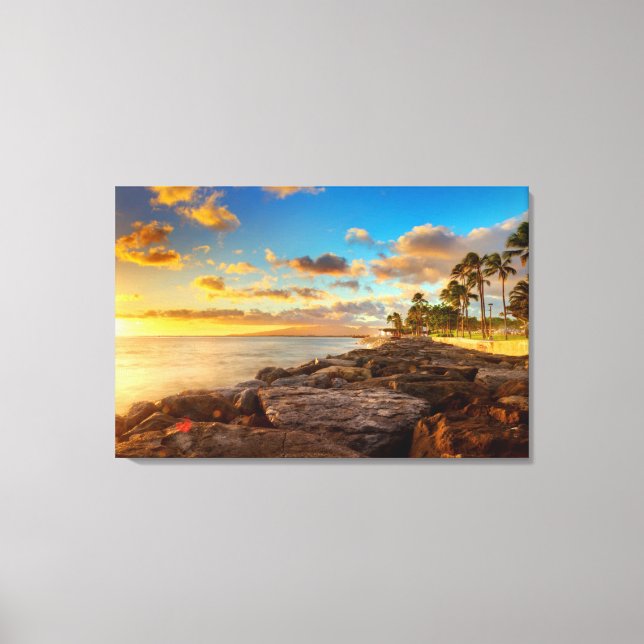 Sonnenuntergang über Felsen und Palmen | O'Ahu Leinwanddruck (Vorderseite)