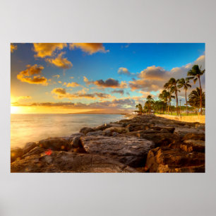 Sonnenuntergang über Felsen und Palmen O'Ahu Poster