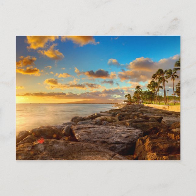 Sonnenuntergang über Felsen und Palmen | O'Ahu Postkarte (Vorderseite)