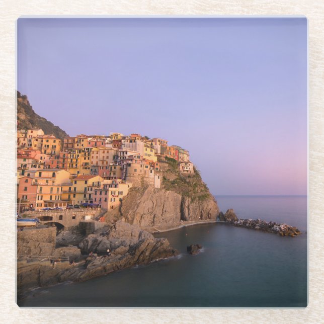 Sonnenuntergang über Manarola Dorf in Cinque Terre Glasuntersetzer (Vorderseite)