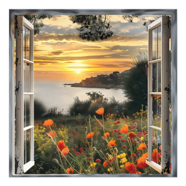 Sonnenuntergang über Ozeanfenster Fotodruck (Vorne)