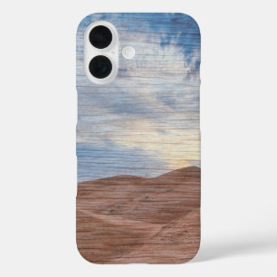 Sonnenuntergang über Sanddünen auf Holzkorn Foto iPhone 16 Hülle
