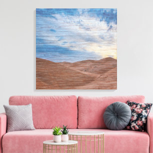 Sonnenuntergang über Sanddünen auf Holzkorn Foto Leinwanddruck