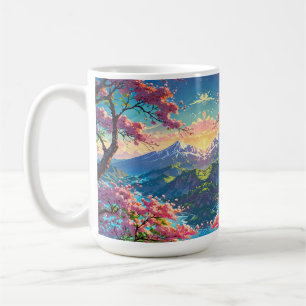 Sonnenuntergang über schneebedeckten Berg und blüh Kaffeetasse