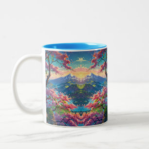 Sonnenuntergang über schneebedeckten Berg und blüh Zweifarbige Tasse