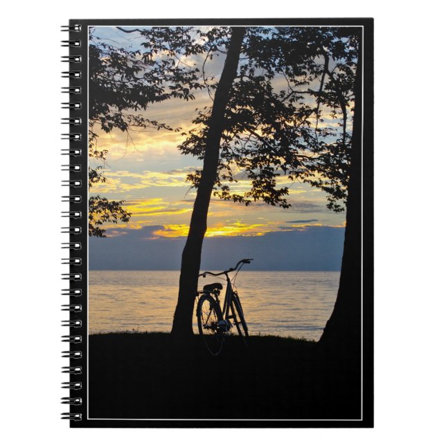 Sonnenuntergang über See mit Fahrradnotizbuch Notizblock (Vorderseite)