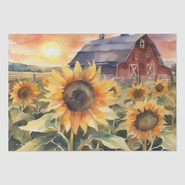 Sonnenuntergang über Sonnenblumenfeldern Aquarellf Seidenpapier (Vorderseite)