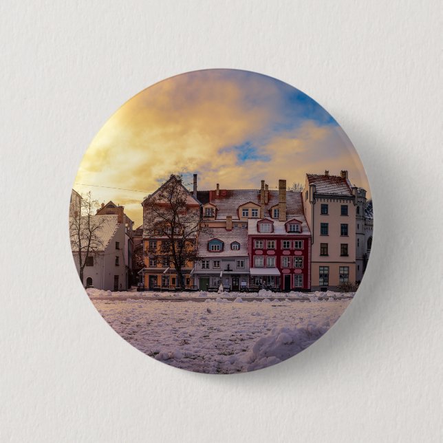 Sonnenuntergang über Straße in Riga Button (Vorderseite)