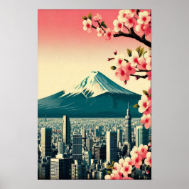 Sonnenuntergang über Tokio mit Kirschblüten Poster