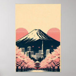 Sonnenuntergang über Tokio mit Kirschblüten Poster