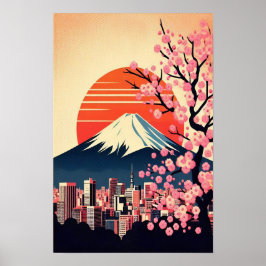 Sonnenuntergang über Tokio mit Kirschblüten Poster