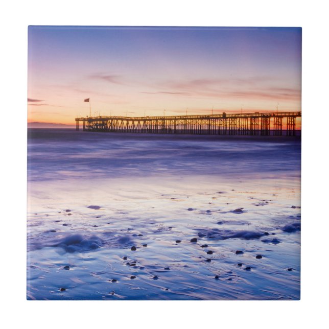 Sonnenuntergang über Ventura Pier und Strand Fliese (Vorderseite)