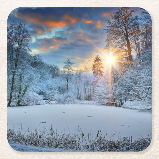Sonnenuntergang über Winter-Forestsee Rechteckiger Pappuntersetzer (Vorderseite)