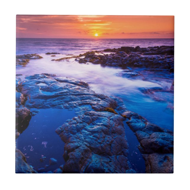 Sonnenuntergang und Gezeitenbad in Hawaii Fliese (Vorderseite)
