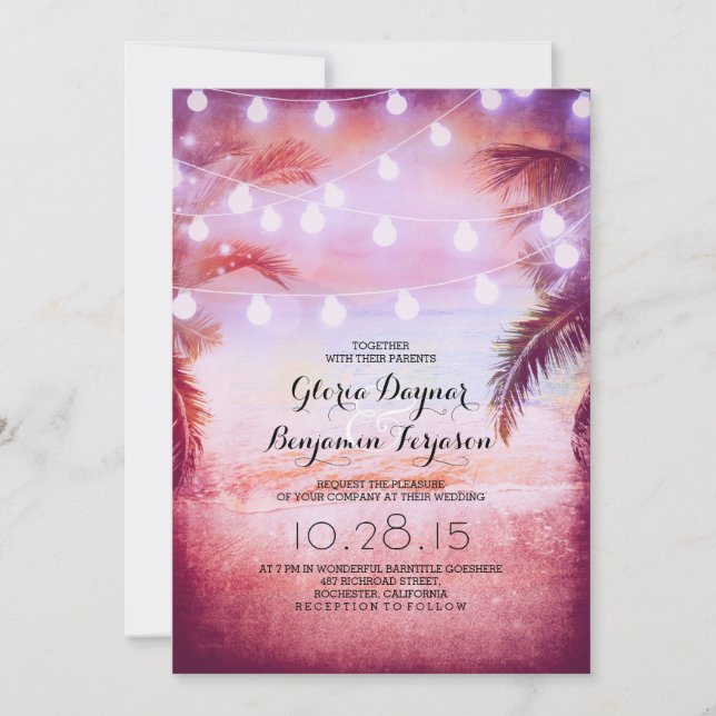 Sonnenuntergang und Lichter zum Hochzeitsfeiern Einladung (Vorderseite)