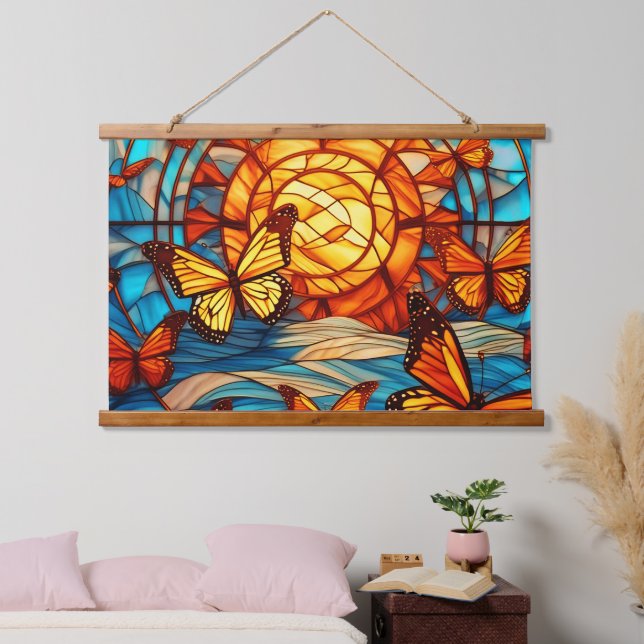 Sonnenuntergang und Monarchschmetterlinge Wandteppich Mit Holzrahmen (Schlafzimmer)