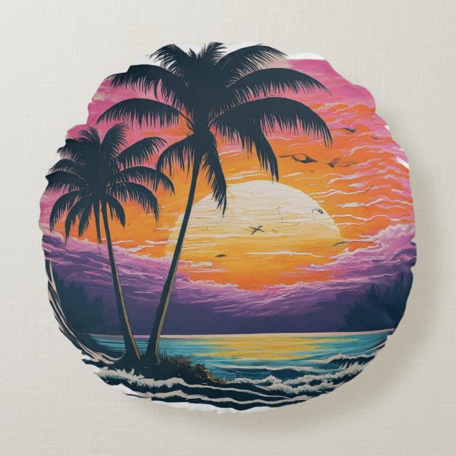 Sonnenuntergang und Palmen, dekoratives Kissen (Vorderseite)