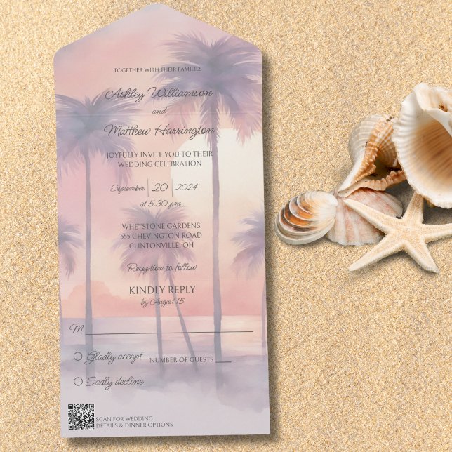 Sonnenuntergang und Palmen laden zu einer Hochzeit All In One Einladung (Also available without QR code. )
