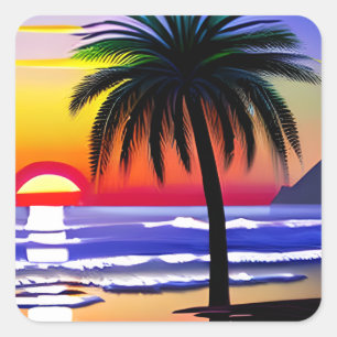 Sonnenuntergang und Palmenbaum Strand ARt Quadratischer Aufkleber