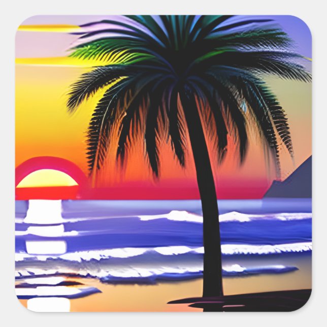 Sonnenuntergang und Palmenbaum Strand ARt Quadratischer Aufkleber (Vorderseite)