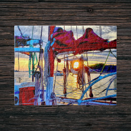 Sonnenuntergang und Segelboote im Hafenpuzzle