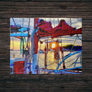 Sonnenuntergang und Segelboote im Hafenpuzzle