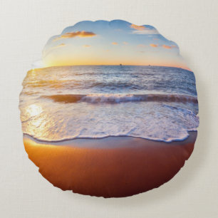 Sonnenuntergang und Strand Rundes Kissen