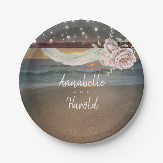 Sonnenuntergang und Strandlicht Hochzeit Pappteller (Vorderseite)