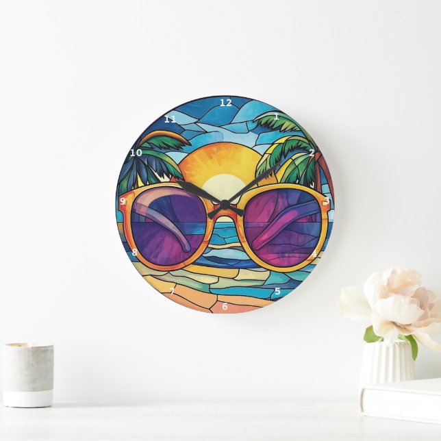 Sonnenuntergang und Tropical Tides Beach Große Wanduhr (Zuhause)