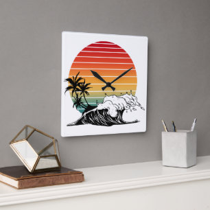 Sonnenuntergang und Welle Quadratische Wanduhr