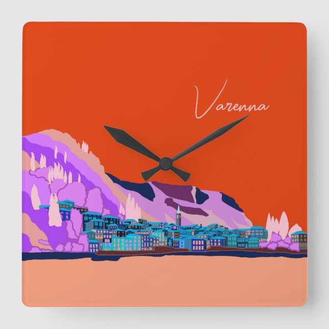 Sonnenuntergang Varenna Lago Maggiore Quadratische Wanduhr (Vorderseite)