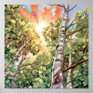Sonnenuntergang-Wald Aquarellmalerei Poster