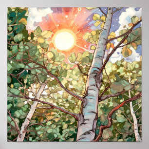 Sonnenuntergang-Wald Aquarellmalerei Poster