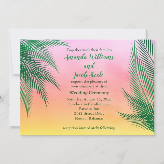 Sonnenuntergang Wasserfarbenpalme Blätter Hochzeit Einladung (Vorderseite)