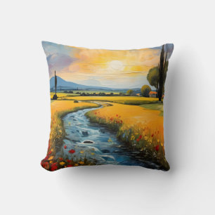 Sonnenuntergang Wildblumen Landschaft mit Flussufe Kissen