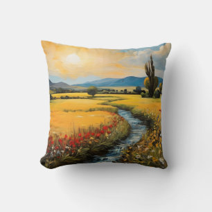 Sonnenuntergang-Wildblumen mit einem Blaufstrahl Kissen