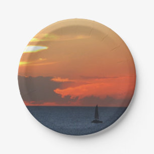 Sonnenuntergang Wolken und Segelboot Seascape Pappteller