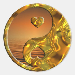 Sonnenuntergang Yin u. Yang-/Herzgold   Runder Aufkleber