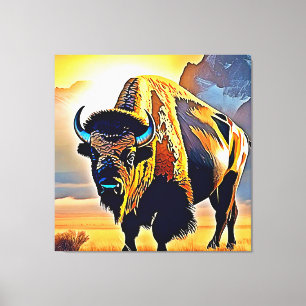 Sonnenuntergangs-Berg-Bison-Kunstdesign Leinwanddruck