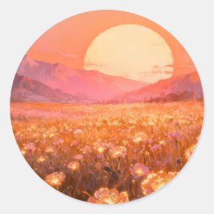 Sonnenuntergangs-Blumenfeld-Rundsticker Runder Aufkleber