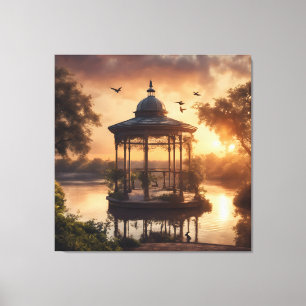 Sonnenuntergangs-Pavillon am See Leinwanddruck