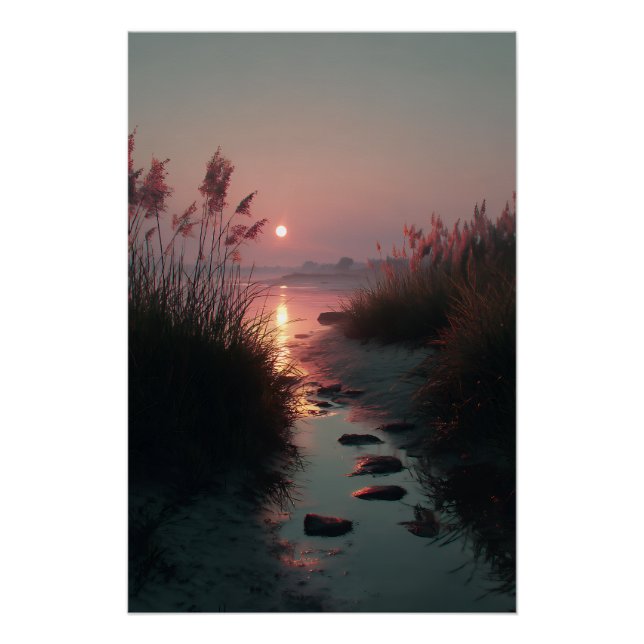 Sonnenuntergangs-Schilfstrom-Küstenpfad-Glanz Poster (Vorderseite)