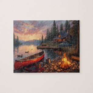 Sonnenuntergangs-See-Hütte-Kanu-Lagerfeuer-Szene