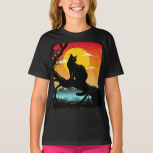 Sonnenuntergangs-Silhouette Katze und Baum T-Shirt