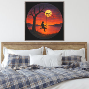 Sonnenuntergangs-Silhouette-Schaukel-Kunst auf ums Leinwanddruck