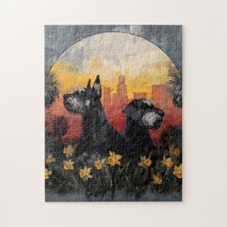 Sonnenuntergangs-Stadt-Hundepuzzle