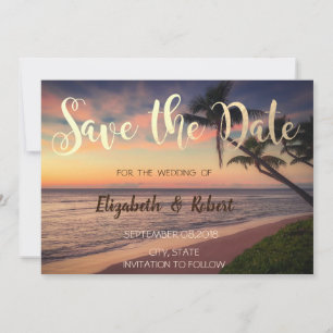 Sonnenuntergangs-Strandhochzeit, Palmen Termin vo Save The Date